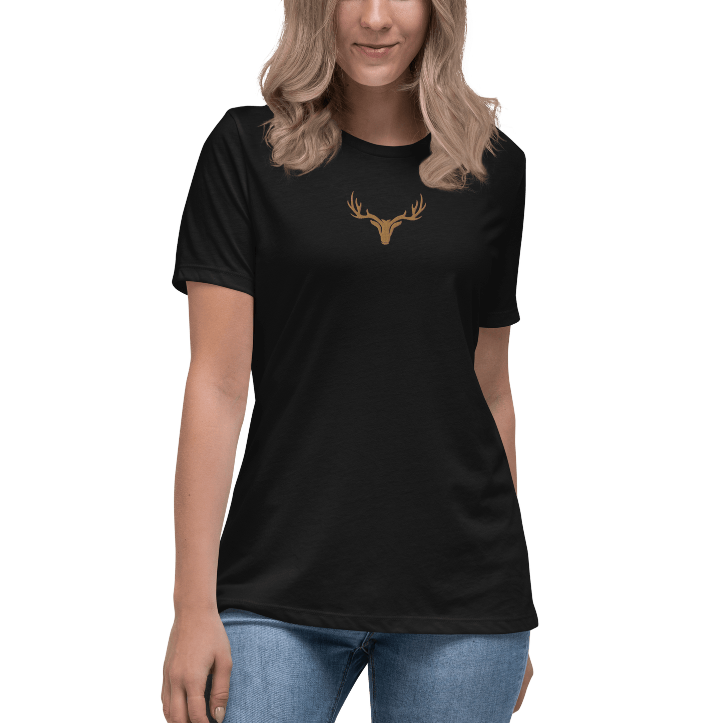 Edles Damen T-Shirt bestickt mit großem Jagd Logo in braun