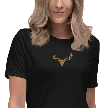 Edles Damen T-Shirt bestickt mit großem Jagd Logo in braun