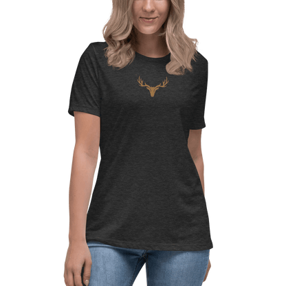 Edles Damen T-Shirt bestickt mit großem Jagd Logo in braun