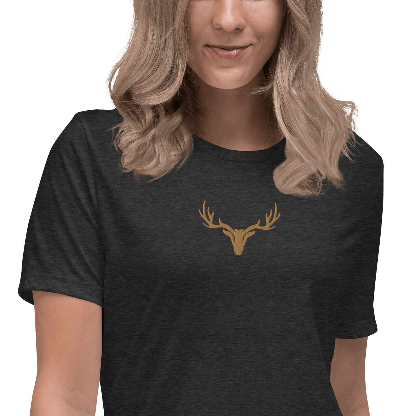 Edles Damen T-Shirt bestickt mit großem Jagd Logo in braun