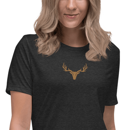 Edles Damen T-Shirt bestickt mit großem Jagd Logo in braun