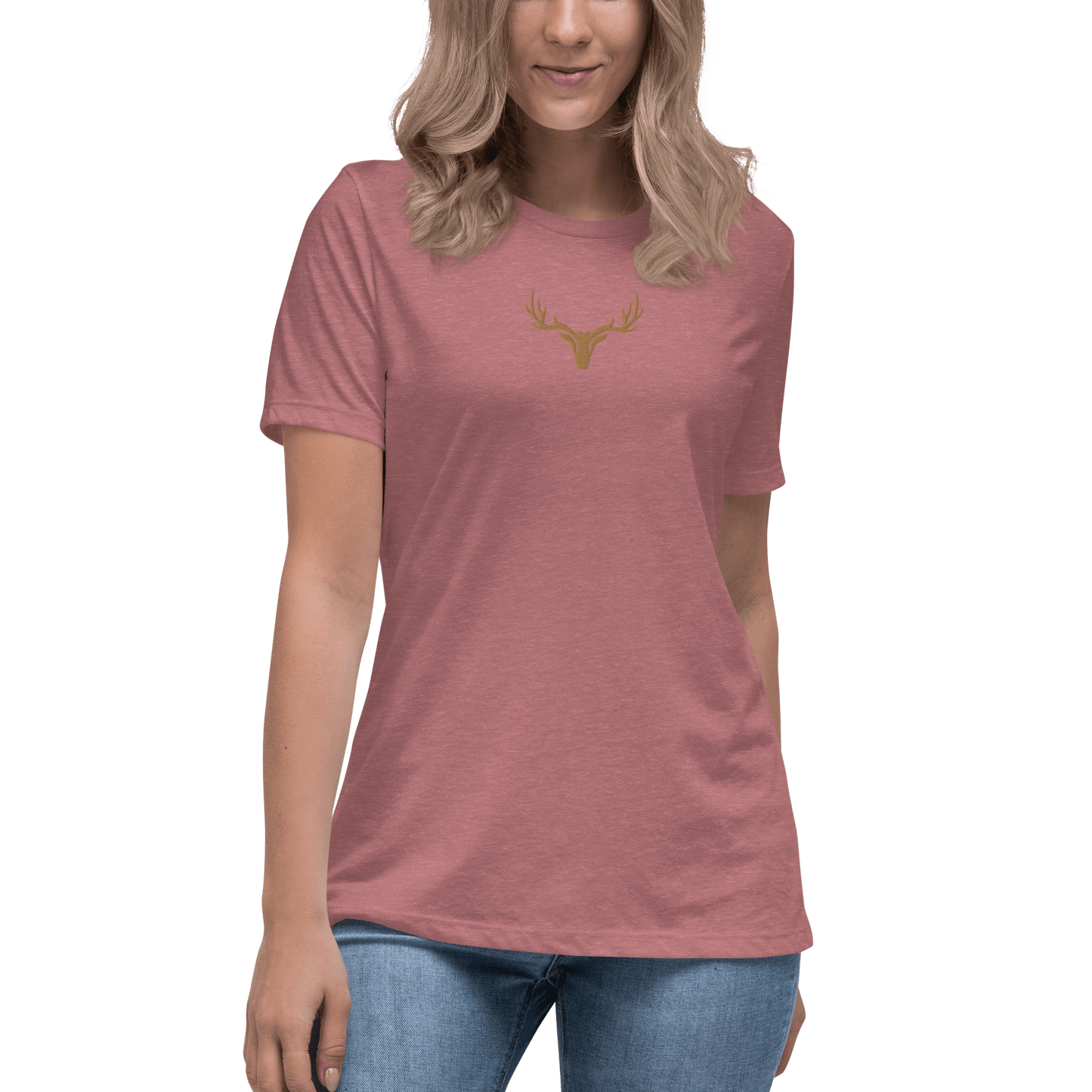 Edles Damen T-Shirt bestickt mit großem Jagd Logo in braun