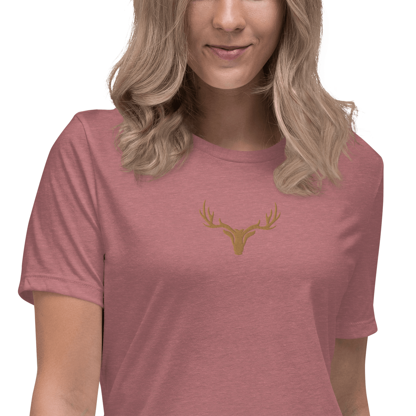 Edles Damen T-Shirt bestickt mit großem Jagd Logo in braun