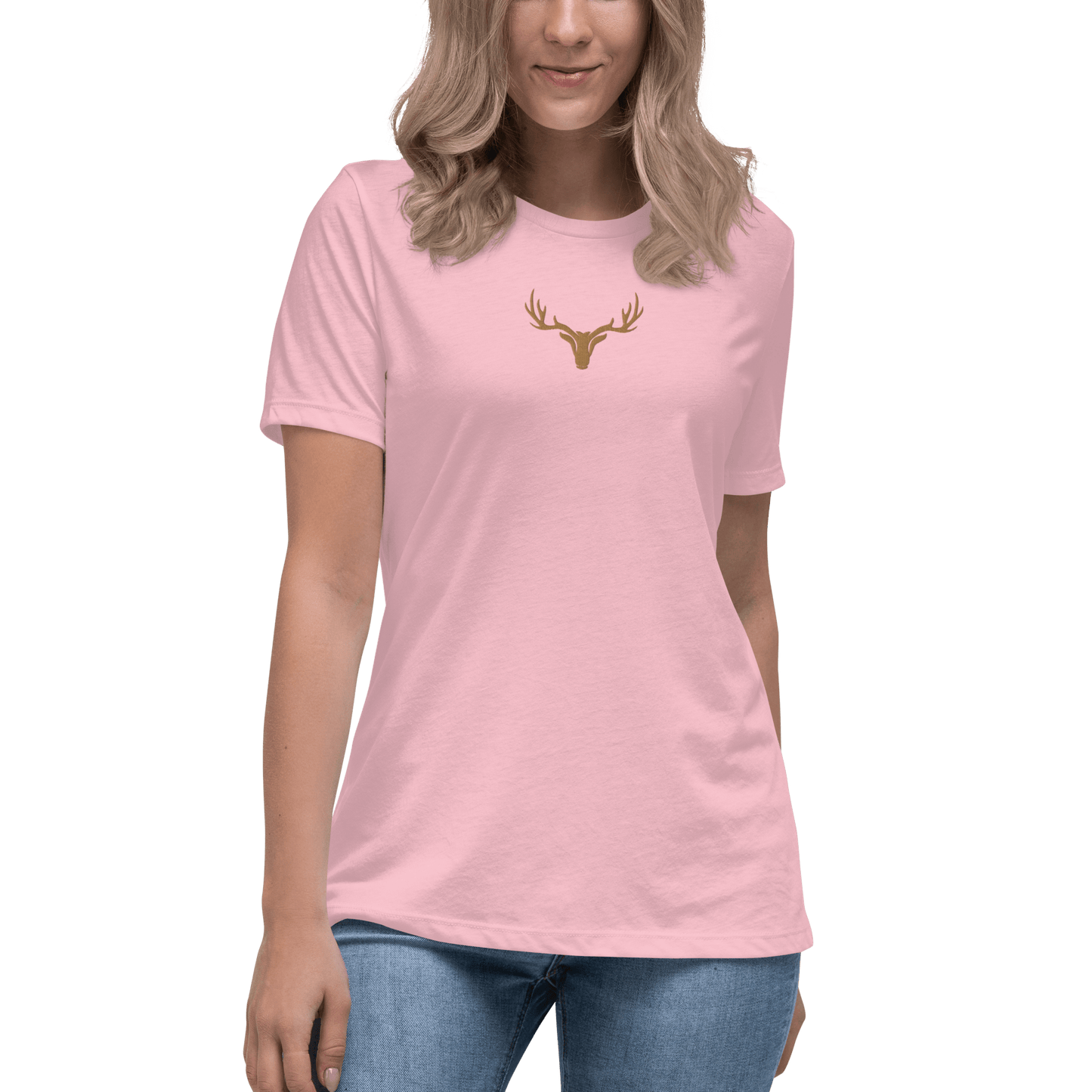 Edles Damen T-Shirt bestickt mit großem Jagd Logo in braun