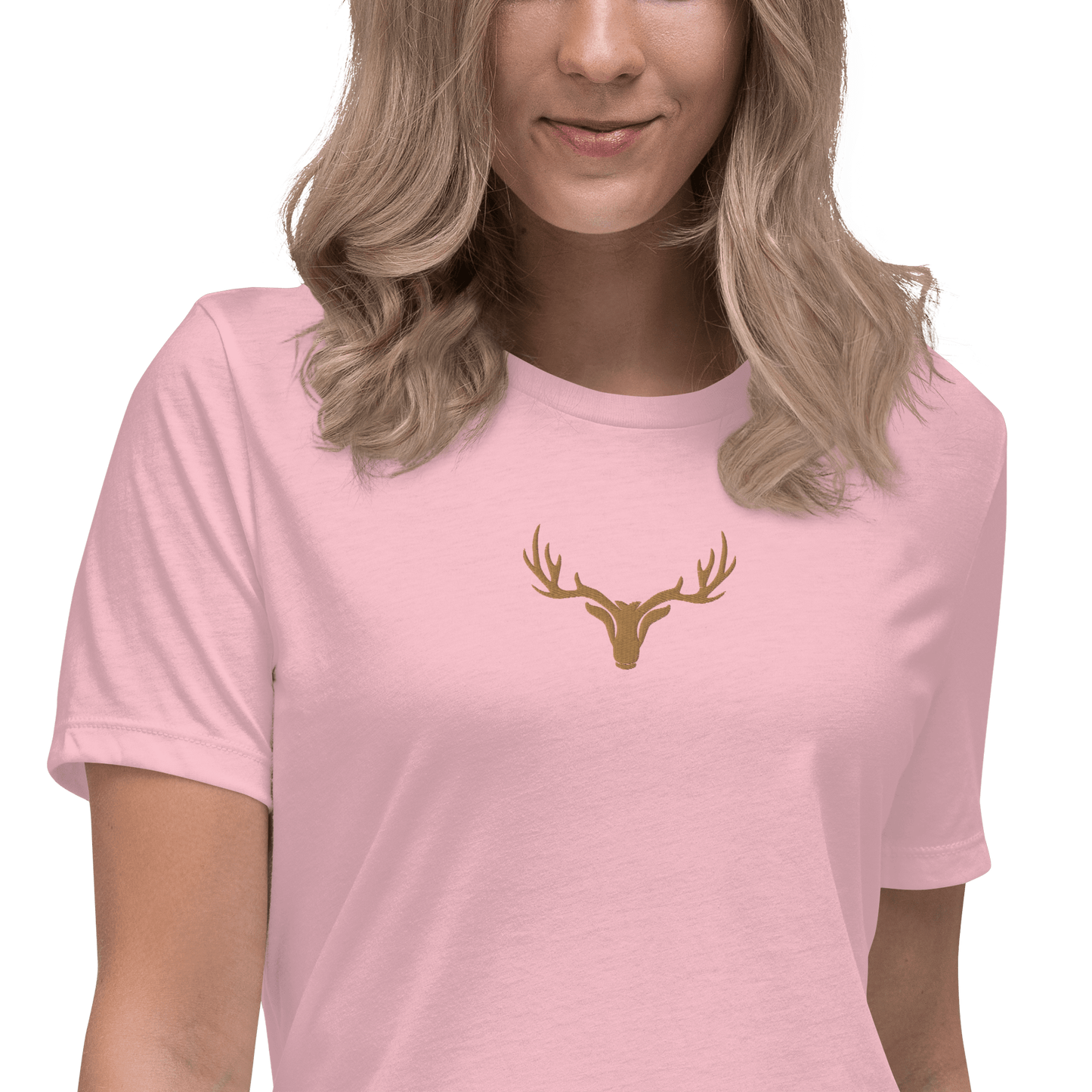 Edles Damen T-Shirt bestickt mit großem Jagd Logo in braun