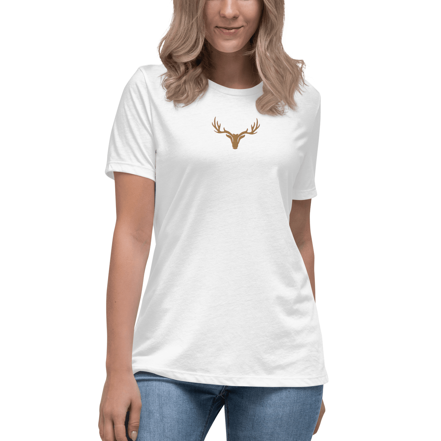 Edles Damen T-Shirt bestickt mit großem Jagd Logo in braun