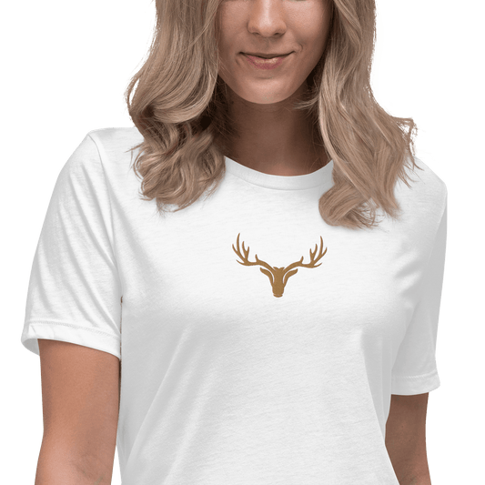 Edles Damen T-Shirt bestickt mit großem Jagd Logo in braun